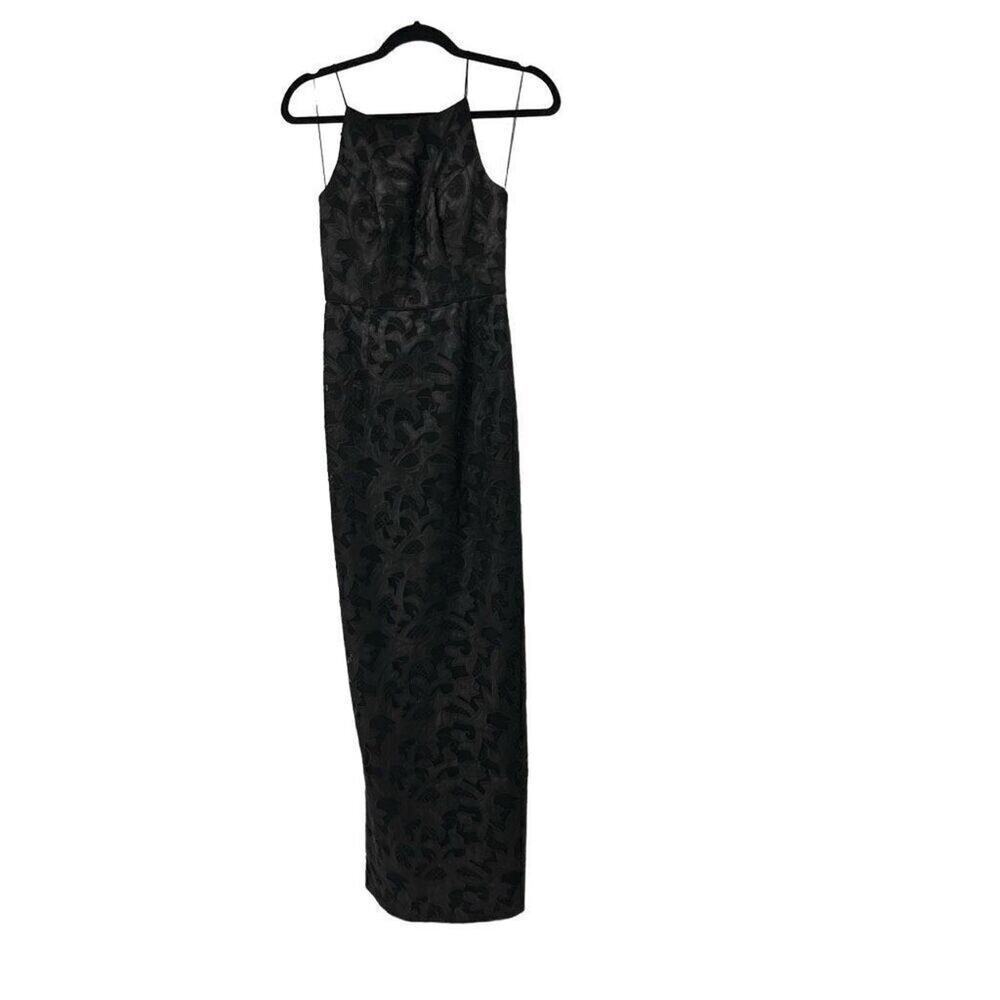 Aidan Mattox Black Lace Applique Spaghetti Strap Halter Neck Formal‎ Dress Sz 0